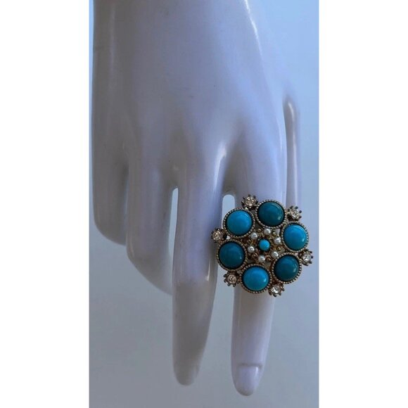 Vintage Size 6.5 Silver Oval Turquoise Pearl White Stone Faux Ring Western Style - Picture 10 of 11